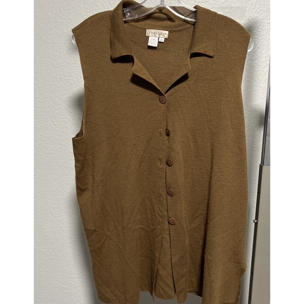 Vintage Paradox Wool Blend Sleeveless Knit Vest Camel Brown Pink Buttons Size XL